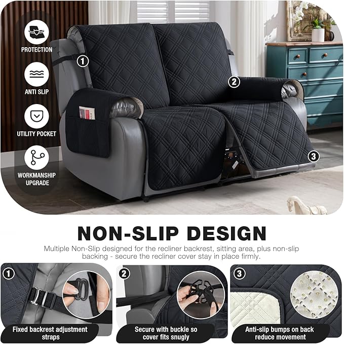 TAOCOCO 100% Waterproof Loveseat Recliner Cover, Non Slip Split Loveseat Covers for Reclining Loveseat with Elastic Straps, Washable Recliner Chair/Furniture Protector for Kids Pets(2 Seater, Black)