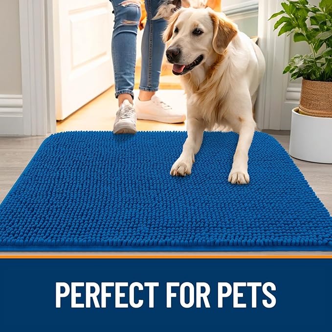 OLANLY Dog Door Mat for Muddy Paws 45x27, Absorbs Moisture and Dirt, Absorbent Non-Slip Washable Doormat, Quick Dry Chenille Mud Mat, Entry Indoor Entryway Carpet for Inside Floor, Deep Navy Blue