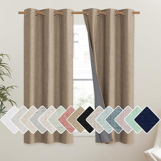 NICETOWN Burlap Vintage Open Linen Weave Flax Thermal Curtains, 100% Blackout Curtains 45" Long for Dining Room, Soundproof Window Treatment Drapes for Kitchen, 42" Wide Per Panel, Set of 2