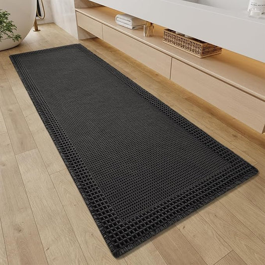 RESARE Waffle Bathroom Runner Rugs, Super Absorbent Bath Mat Non Slip Washable Quick Dry, Upgraded Ultra Soft Boho Bath Rugs with Tassels for Hallway Bedroom Laundry Room, 2'x5'(24"x60"), Black