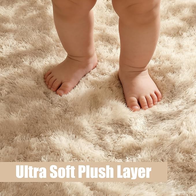 Fluffy Round Rug,Soft Area Rugs for Girls Room,Shaggy Rugs 6'X6' for Living Room,Non Slip Circle Rug for Kids Bedroom,Shag Plush Nursery Carpets,Fuzzy Rug for Dorm,Room Decor Carpet,Tie-Dyed Beige