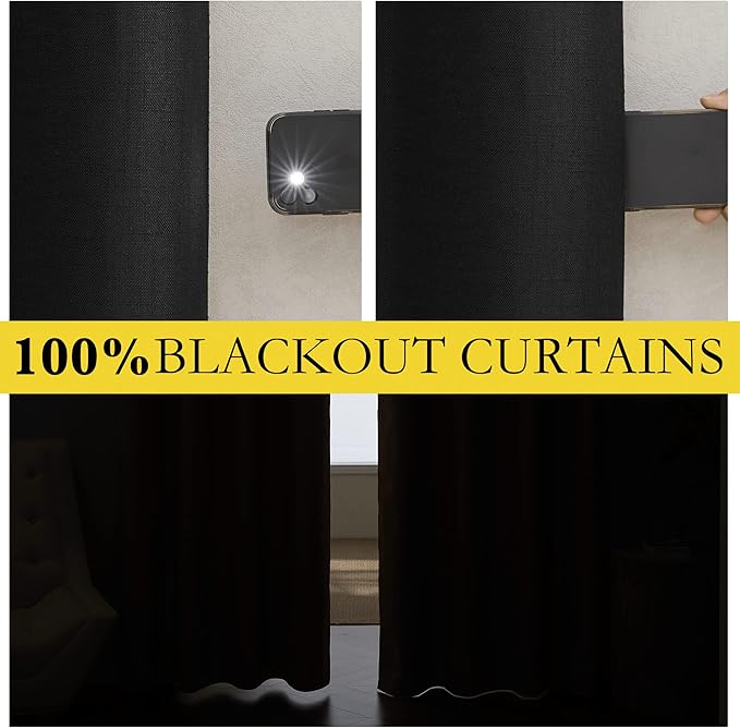 NICETOWN Black Out Linen Curtains, Complete Blackout Shades for Large Window Door, 100% Blackout Window Curtain Panels with White Lined, 62 inches Width Each Panel, 108 inches Length, 2 Pieces