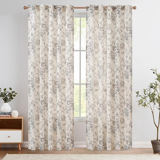 jinchan Linen Blend Curtain Floral Curtains for Living Room 84 Inch Length Black Printed Curtain Rod Pocket Back Tab Farmhouse Peony Flower Patterned Drapes Bedroom Window Curtains Set 2 Panels