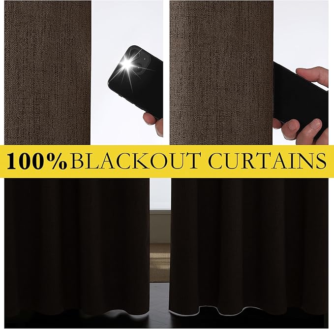 NICETOWN Coffee Vintage Linen 100% Blackout Curtains for Living Room, Thermal Insulated Curtains 72" Long, Noise Reducing Window Treatment Drapes for Hall Room, 52" Wide Per Panel, Set of 2