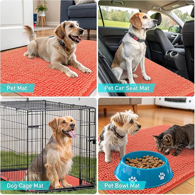 OLANLY Dog Door Mat for Muddy Paws 32x20, Absorbs Moisture and Dirt, Absorbent Non-Slip Washable Doormat, Quick Dry Chenille Mud Mat for Dogs, Entry Indoor Entryway Carpet for Inside Floor, Coral