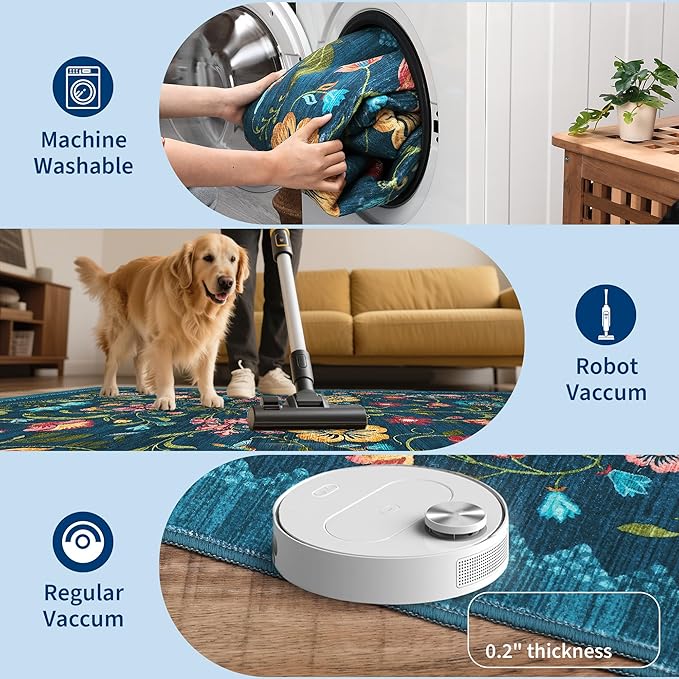 GarveeHome Washable Rug 9x12 Area Rugs for Living Room, Floral Rug for Bedroom, Soft Vintage Non Slip Throw Rugs with Rubber Back, Low Pile Stain Resistant Boho Floral Carpet for Dining Room, Blue