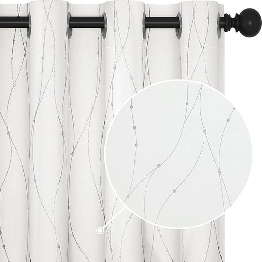 Deconovo Room Darkening Curtains, Pure White Curtain, Thermal Insulated Noise Reduced Drapes, Silver Wave Dots Print, 52 x 108 Inch Long, Machine Washable Window Panels for Patio Door, Set of 2