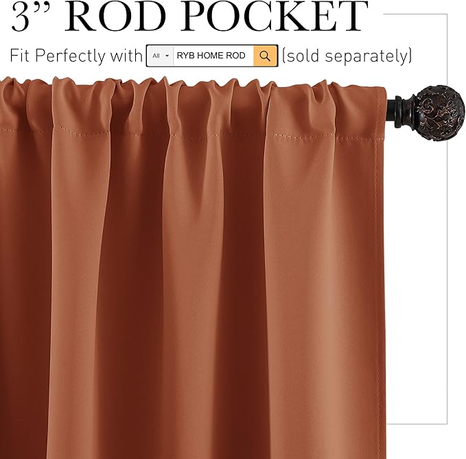 RYB HOME Blackout Curtains for Bedroom Living Room 63 inches Long, Thermal Insulated Privacy Rod Pocket Drapes for Nursery Office Home Theater, Width 42 by Length 63, Burnt Orange, 2 Panels