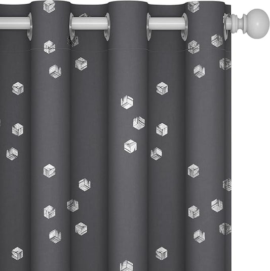 Deconovo Designer Series Silver Cubic Print Blackout Curtains for Living Room Bedroom Sliding Glass Door, Thermal Insulated Soundproof Window Drapes, Dark Grey, 52W x 95L Inch, 2 Panels