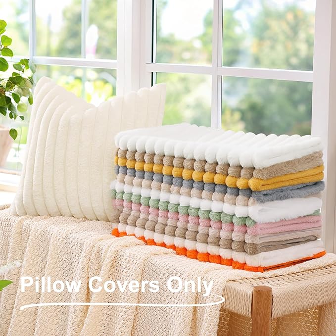 decorUhome Cozy Faux Fur Throw Pillow Covers 24x24 Set of 2 Decorative Soft Plush Striped Modern Farmhouse Boho Couch Euro Sham Pillow Cases with Velvet Back for Sofa Bed Living Room, Grey Blue