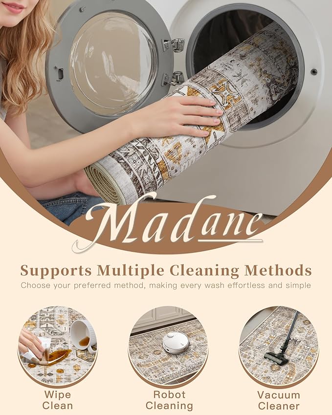 Madane Kitchen Runner Rug - 2x7 Runner Rugs with Rubber Backing Non Slip Vintage Washable Rug Runner Ultra-Thin Throw Carpet Runners for Hallways Bedroom Laundry Room(2'x7', Brown/Gold)