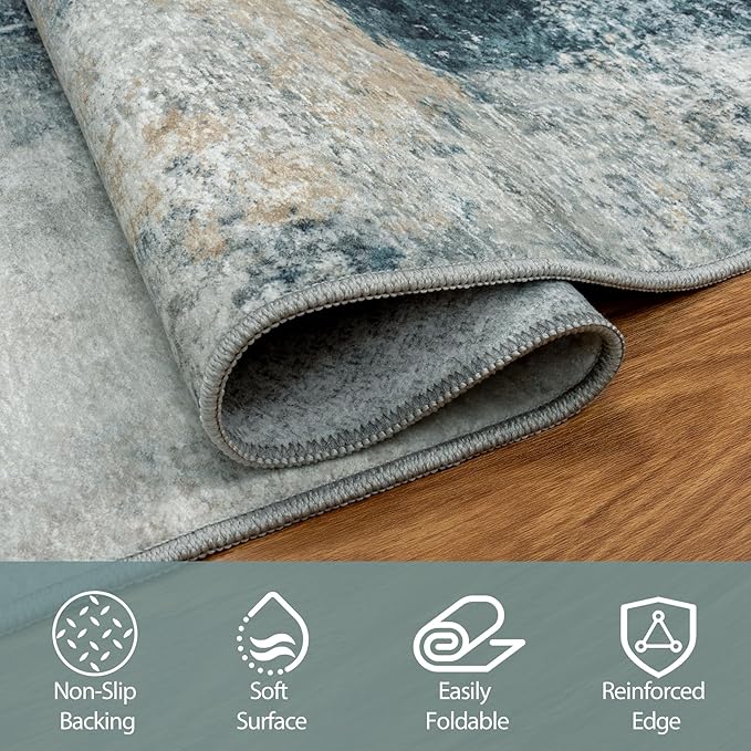 5x8 Area Rugs for Living Room Rug Washable: Abstract Rug for Dining Room Bedroom Carpet Non Slip 5 by 8 Indoor Modern Nursery Home Office Teal Grey Gold
