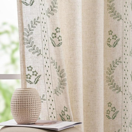 jinchan Belrose Linen Curtains for Bedroom Floral Curtains 84 Inch Length Linen Blend Sage Green Embroidered Drapes Farmhouse Flower Patterned Drapes for Living Room Window Treatments Set 2 Panels