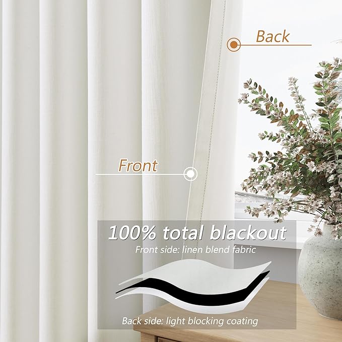 Guken Ivory Linen 100% Blackout Curtains 84 Inch Length 2 Panels Set for Living Room Bedroom Back Tab Thermal Insulated Black Out Linen Drapes Room Darkening Window Curtains 40 Inches Wide