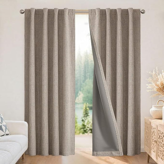 Joydeco Linen Blackout Curtains for Bedroom - 100% Light Blocking 1 Panels, Linen Drapes 100" W x 96" L, Thermal Insulated Room Darkening Curtains for Living Room, Rod Pocket & Back Tabs