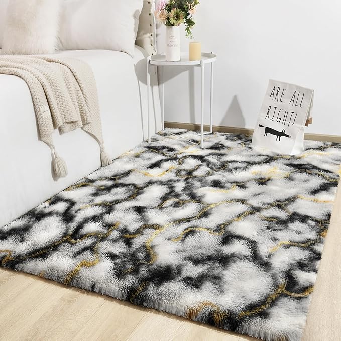 TWINNIS Super Soft Shaggy Rugs Fluffy Carpets, 5x8 Feet, Indoor Modern Plush Area Rugs for Living Room Bedroom Kids Room Nursery Home Decor, Upgrade Anti-Skid Rectangular Fuzzy Rug, Grey Gold