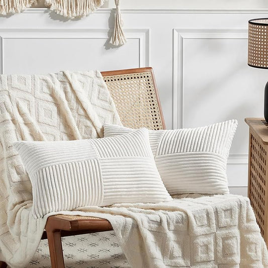 Fancy Homi 2 Packs Cream White Lumbar Decorative Throw Pillow Covers 14x24 Inch for Couch Bed Sofa, Rustic Farmhouse Boho Home Decor, Soft Striped Corduroy Rectangle Accent Cushion Case 35x60 cm