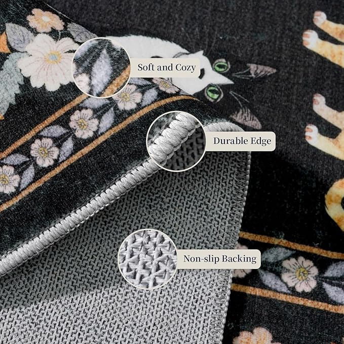 2x6 Washable Kitchen Runner Rug - Soft Low Pile Floral Animal Cat Print Rugs with Non-Slip Backing Waterproof Stain-Resistant Indoor Carpet for Hallway Entryway Bathroom Bedroom (Black)