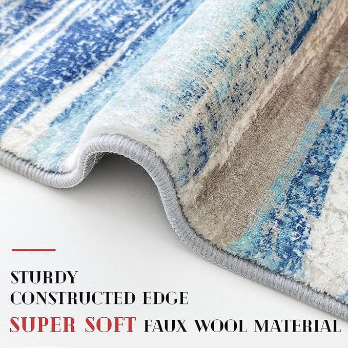 Lansny Modern Abstract Round Rug 5Ft, Blue Round Rug Washable Non-Slip Soft Small Circle Rug, Circular Dining Room Rugs Thin Print Faux Wool Carpet for Bedroom Living Room Office Playroom