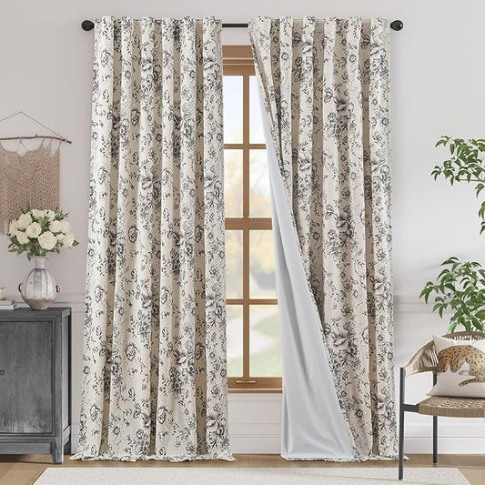 jinchan Blackout Floral Curtains for Living Room Bedroom Linen Blend Curtain Farmhouse Black Printed with Lined Back Tab Rod Pocket Drapes Window Treatments 2 Panels 96 Inch