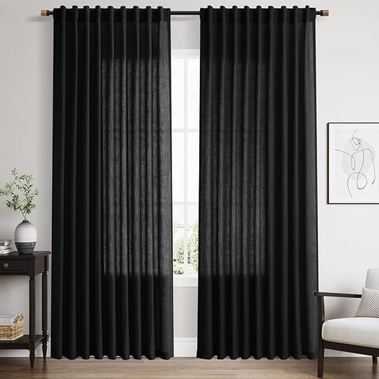 Nanspring Linen Curtains 84 inches Long for Living Room Privacy Sheer Black Simple Modern Curtains Back Tab and Rod Pocket Cotton Textured Curtain for Bedroom Dinner Room 70x84, 2 Panel