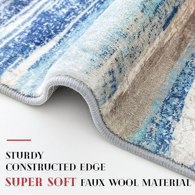 Lansny Modern Abstract Runner Rug 3x12, Blue Washable Long Kitchen Runner Non-Slip Soft Hallway Rug Runner Thin Print Faux Wool Carpet for Entryway Bedroom Laundry Room Indoor Home Decor