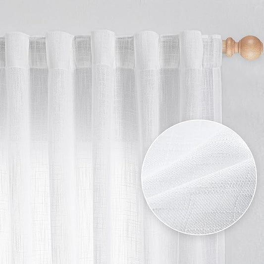 MYSKY HOME Short Curtains for Small Kitchen Windows 45 inches Length, Linen Look Curtain Drapes Cotton Polyester Blend, Soft Fabric Light Filtering Privacy Protect, 50 x 45 inches, White, 2 PCs