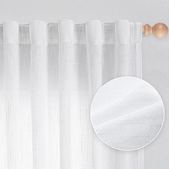 MYSKY HOME Floor to Ceiling Curtains 108 Inches White Sheer Window Drapes 2 Panel Sets Back Tab Draperies Linen Look Boho Fabric, Soft Cotton Blend Light Filtering for Living Room