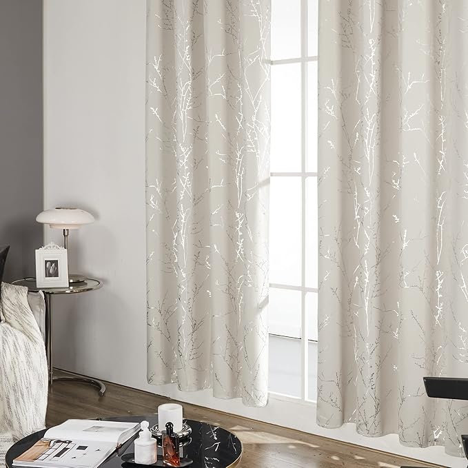 Deconovo Beige Blackout Curtains, Boho Farmhouse Curtain, Thermal Insulated Soundproof Drapes, Silver Branch Print, 42 x 84 Inch Long, Machine Washable Window Panels for Living Room Bedroom, Set of 2