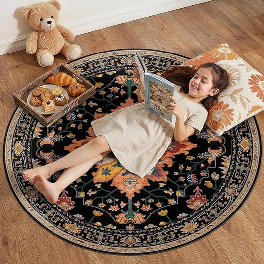 Area Rugs 4ft Washable Non-Slip, Floral Vintage Distress Print Pattern Medallion Carpet for Living Room Bedroom Dining Room, Black Colorful Floral Dark Tan