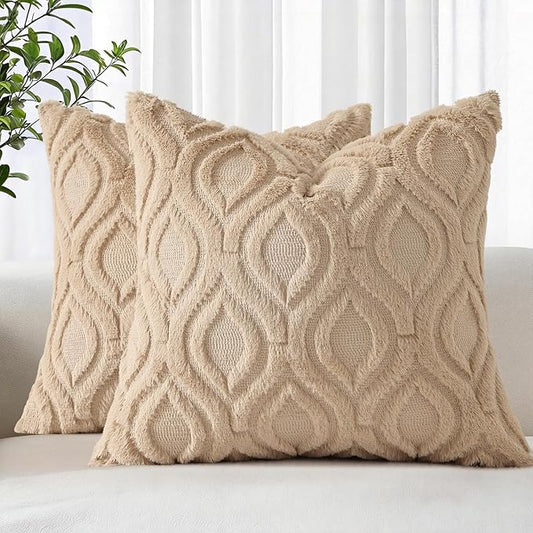 decorUhome Throw Pillow Covers 22x22 Inch Set of 2, Soft Plush Faux Wool Light Khaki Solid Couch Pillow Covers, Accent Euro Sham Farmhouse Neutral Square Pillow Cases for Sofa Bed Living Room