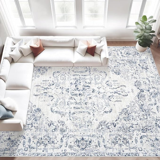 9x12 Area Rugs for Living Room: Washable Rug Vintage Large Rugs Soft Non Slip Low Pile Rug Floral Distressed Floor Carpet for Bedroom Dining Room Home Office (Blue,9'x12')
