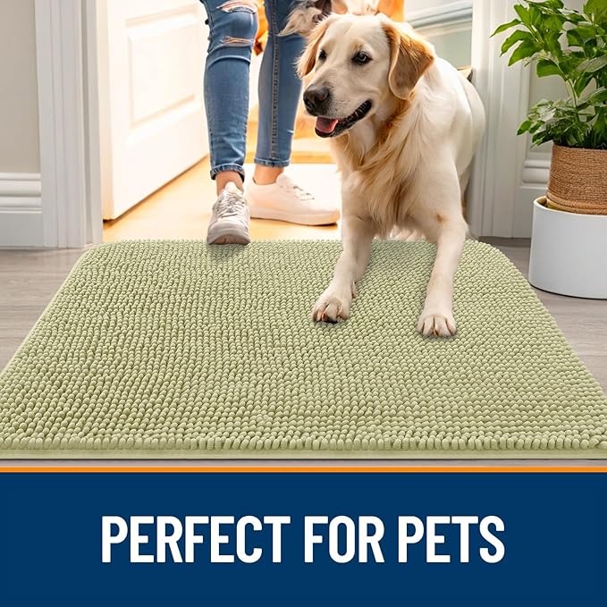 OLANLY Dog Door Mat for Muddy Paws 34x21, Absorbs Moisture and Dirt, Absorbent Non-Slip Washable Doormat, Quick Dry Chenille Mud Mat for Dogs, Entry Indoor Entryway Carpet for Inside Floor, Vanilla