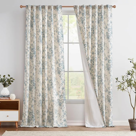 jinchan Lined Linen Blend Curtain Floral Curtains for Living Room 96 Inches Long Blue Peony Flower Printed Curtain Rod Pocket Back Tab Farmhouse Patterned Drapes Bedroom Window Curtains Set 2 Panels