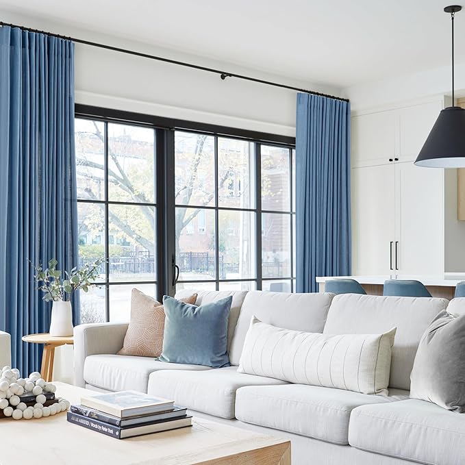 Denim Blue Curtains for Living Room Back Tab Modern Farmhouse Semi Sheer Blue Curtains 100 inches Long 2 Panels Set Muted Neutral Window Curtain for Dining Room Bedroom 52x100
