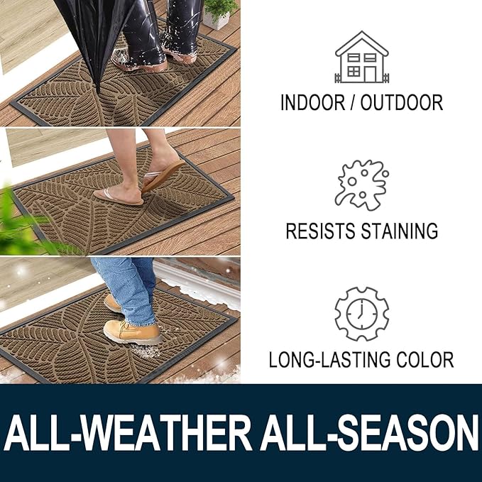 Colorxy Waterproof Doormat, Sturdy Natural Rubber Front Indoor Mat, Non Slip Low Profile Outdoor Door Mat, Stain and Fade Resistant Floor Mats, Easy Clean Patio Entry Mat, 59''x23'', Light Brown