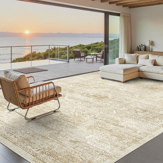 Washable Area Rug 10x14, Large Soft Rugs for Living Room Vintage Beige Rug 10x14 Area Rugs for Bedroom Dining Room Floral Non-Slip Thin Rug