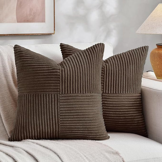Fancy Homi 2 Packs Dark Brown Big Decorative Throw Pillow Covers 24x24 Inch for Living Room Couch Bed, Farmhouse Boho Home Decor, Soft Corss Corduroy Patchwork Accent Square Cushion Case 60x60 cm