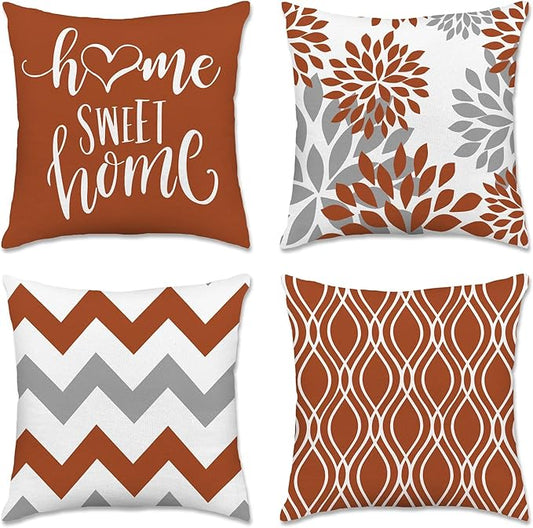 Hexagram Geometric Burnt Orange Pillow Covers 18x18 Set of 4, Decorative Outdoor Boho Modern Throw Pillow Covers, Home Sweet Home Farmhouse Cushion Case for Couch Sofa Bedroom Indoor Decor(No Insert)