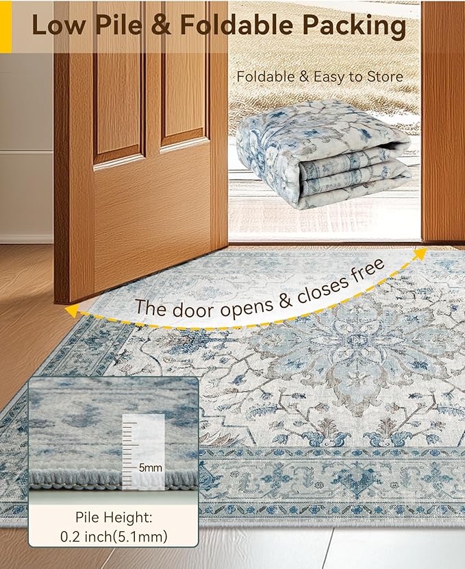 RELEANY Area Rugs 2'x8' Runner Rug Non Slip Washable for Kitchen Hallway Bedroom Beside Laundry Room Bathroom Rug, Floor Carpet, Light Blue Navy Beige Gray White