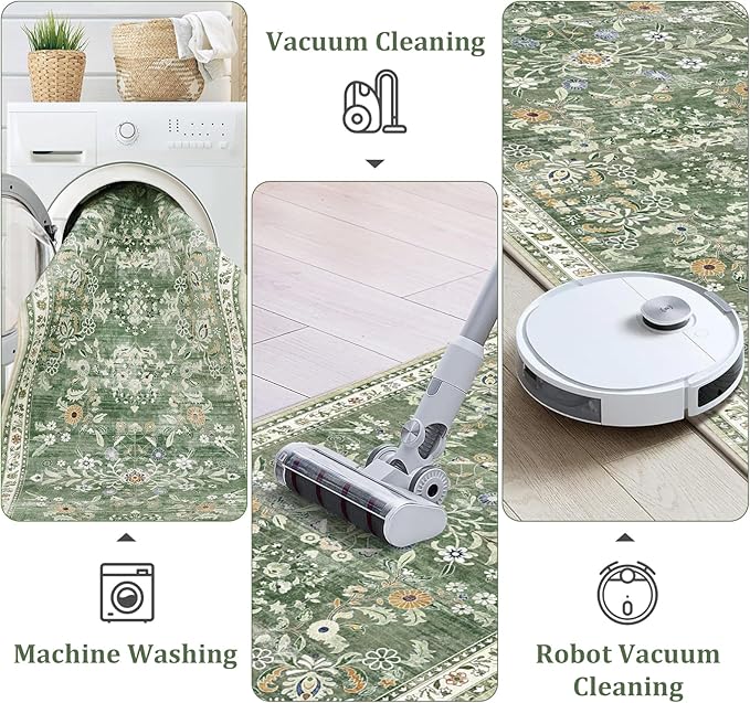 Yamaziot Washable Runner Rug 3x6 – Floral Non Slip Boho Hallway Runner Rug with Rubber Backing, Low Pile Faux Wool Distressed Carpet for Kitchen, Laundry, Bedroom, Entrance, Green