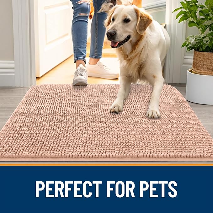 OLANLY Dog Door Mat for Muddy Paws 50x30, Absorbs Moisture and Dirt, Absorbent Non-Slip Washable Doormat, Quick Dry Chenille Mud Mat for Dogs, Entry Indoor Entryway Carpet for Inside Floor, Peach