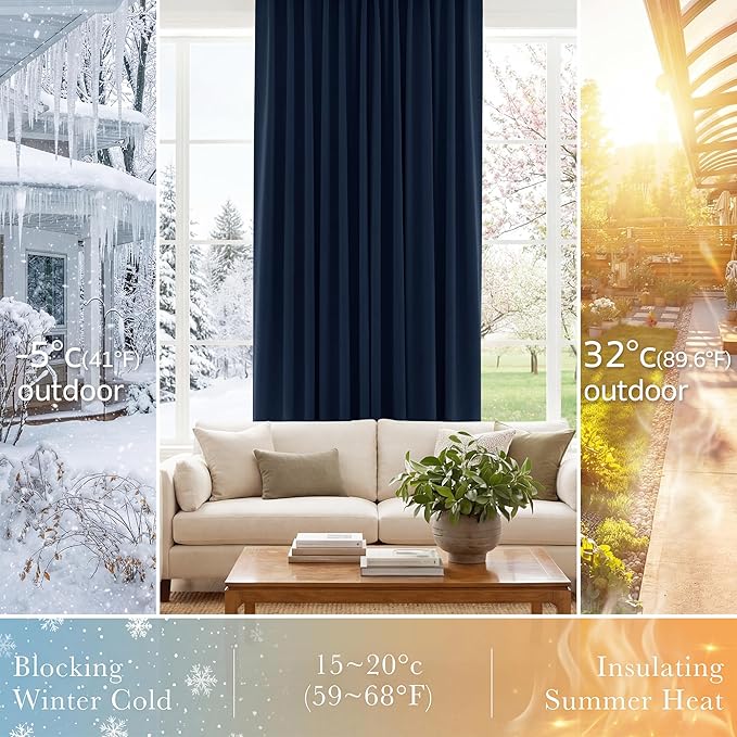 PONY DANCE Blackout Kitchen Curtains - Window Drapes Rod Pocket & Back Tab Energy Efficient Curtain Panels Home Decor for Kids' Room, 42-inch Wide by 45 Long, Navy Blue, 2 PCs