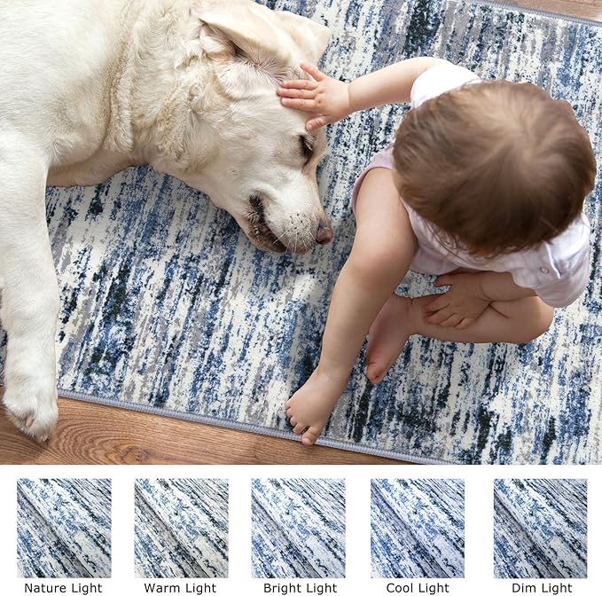 Lansny Modern Abstract Bedroom Runner Rug 2x7, Grey Blue White Washable Kitchen Runner, Non-Slip Soft Thin Faux Wool Mat for Entryway, Hallway, Laundry Room, Indoor Home Decor