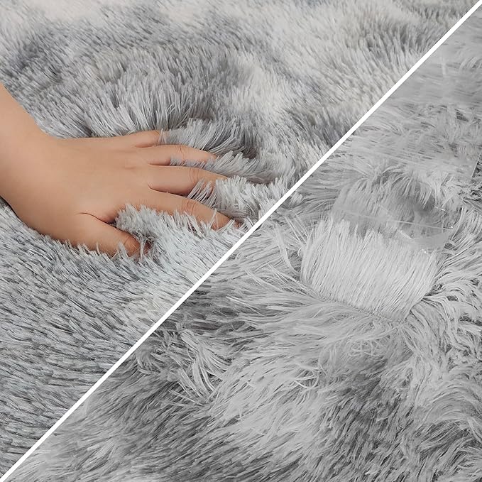 Super Soft Fluffy Living Room Area Rug 2x5 ft Tie-Dyed Light Grey Shaggy Furry Carpet Washable Non-Slip Floor Rugs Bedroom Bedside Nursery Rug Fuzzy Boys Girls Dorm Home Decor Aesthetic