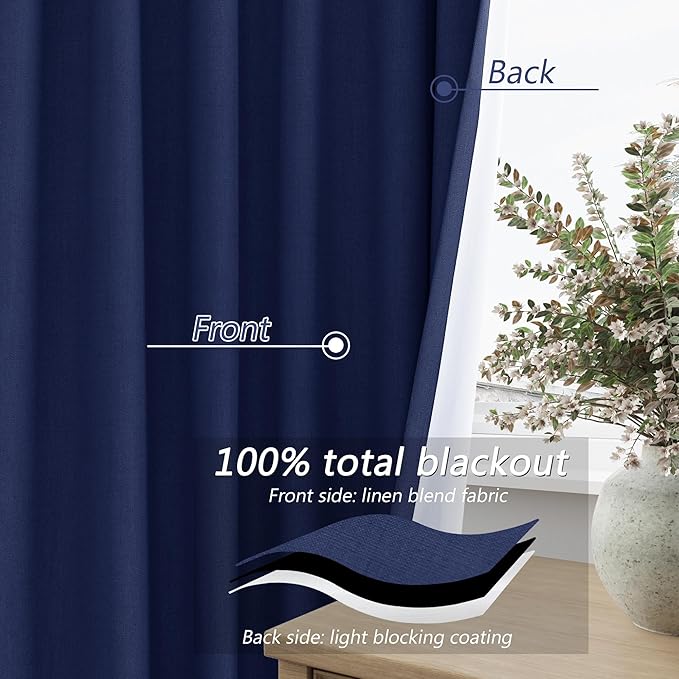 Guken 100% Blackout Curtains 102 Inch Length 2 Panels Set for Living Room Bedroom Back Tab Thermal Insulated Black Out Linen Drapes Room Darkening Window Curtains 102 Inches Long,Classic Blue