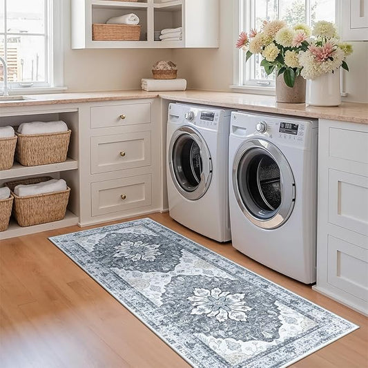 Area Rugs 2'x5' Runner Rug Non Slip Washable for Kitchen Hallway Bedroom Beside Laundry Room Bathroom Rug, Floor Carpet, Light Gray Grey White