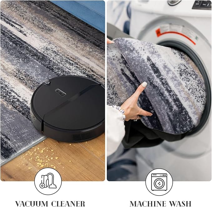 Lansny Modern Abstract Runner Rug 2x10, Grey Black Multi Washable Long Kitchen Runner Non-Slip Soft Hallway Rug Runner Thin Print Faux Wool Carpet for Entryway Bedroom Laundry Room Indoor Home Decor