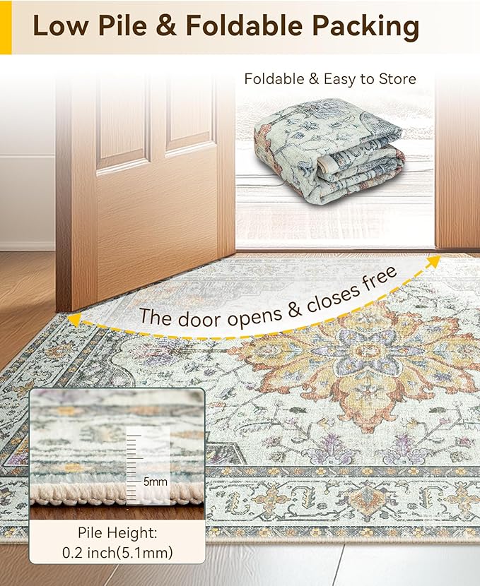 RELEANY Area Rugs 2'x10' Runner Rug Non Slip Washable for Kitchen Hallway Bedroom Beside Laundry Room Bathroom Rug, Floor Carpet, Light Yellow Carbon Grey Orange