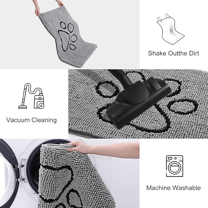 Smiry Dog Door Mat for Muddy Paws, Absorbent Dirt Trapper Non Slip Quick Dry Washable Chenille Mat for Mud Dogs, Entry Rug for Indoor and Outdoor (70x32 Inches, Grey and Black)